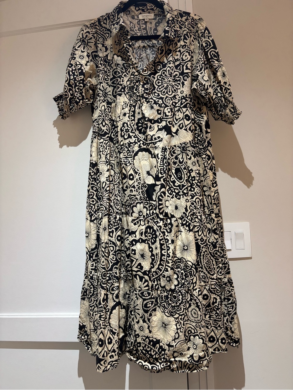 Black and Cream Floral Midi Dress - Women's Patterned Dress